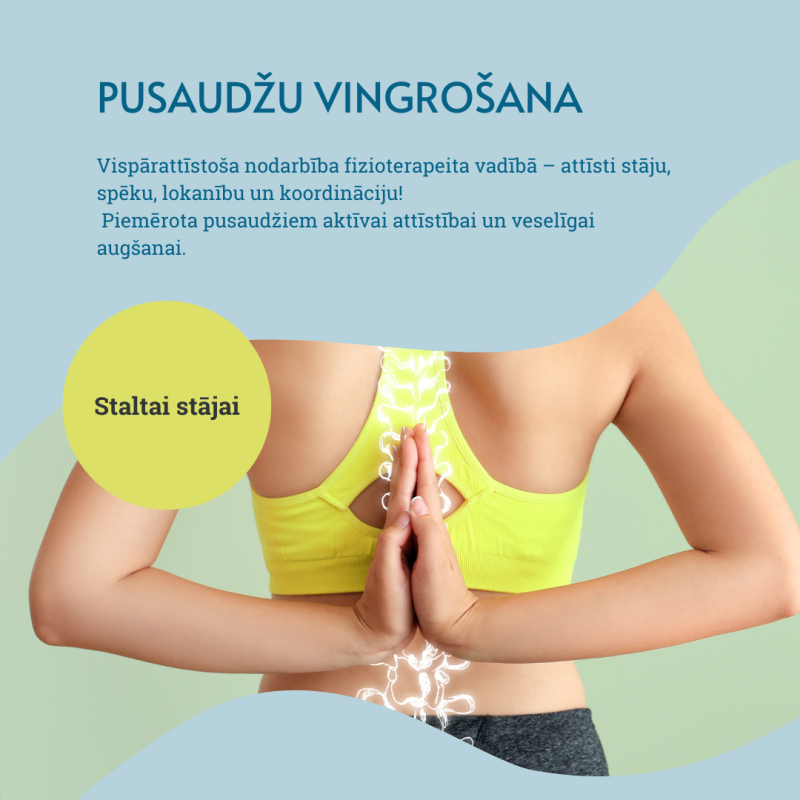 Pusaudzis dzeltenā sporta krūšturī stāv, rokas saspiestas kopā, jogas pozā. Teksts latviešu valodā reklamē stājas vingrinājumus pusaudžiem, un dzeltens aplis iezīmē 