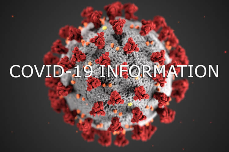 Koronavīrusa daļiņas 3D ilustrācija ar sarkaniem smailes proteīniem un teksturētu pelēku virsmu. Pārklājuma tekstā uz tumša fona ir rakstīts “COVID-19 INFORMĀCIJA” ar baltiem lielajiem burtiem.