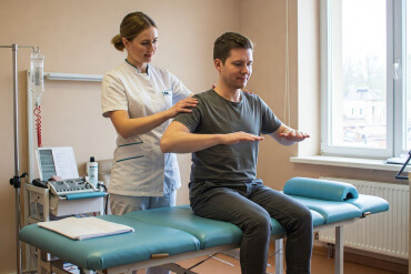 Fizioterapeits palīdz vīrietim, kurš sēž uz kušetes ar paceltām rokām, vadot viņa stāju medicīnas klīnikas telpā ar aprīkojumu un lielu logu.